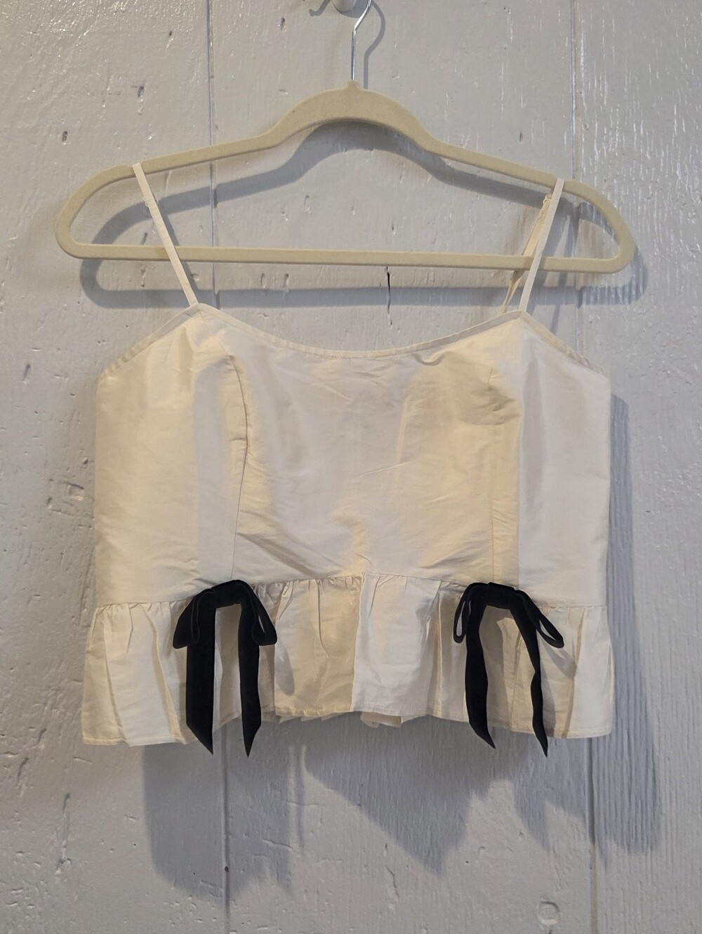 American Eagle Women's Cream Ruffle Hem Cami Top with Black Ribbon Accents